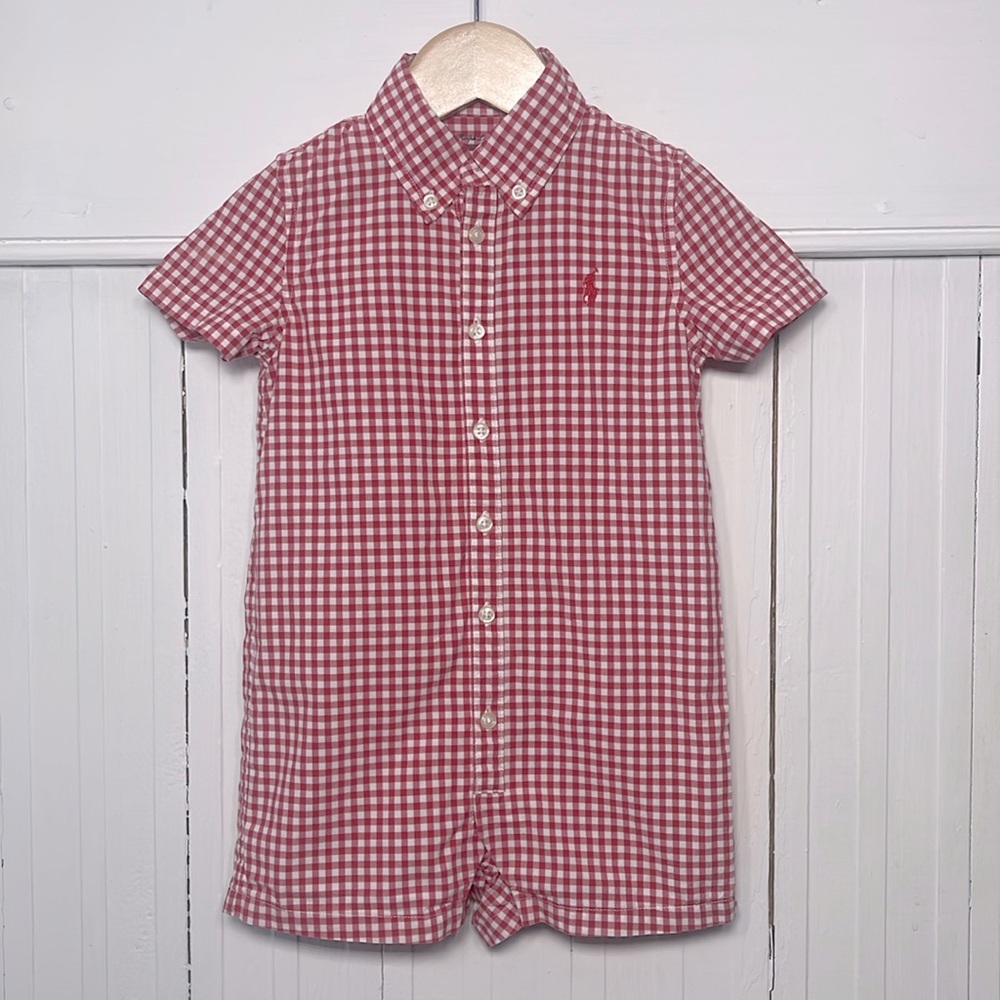 RALPH LAUREN EUC 100% Cotton Boys Red Gingham Checkered Romper